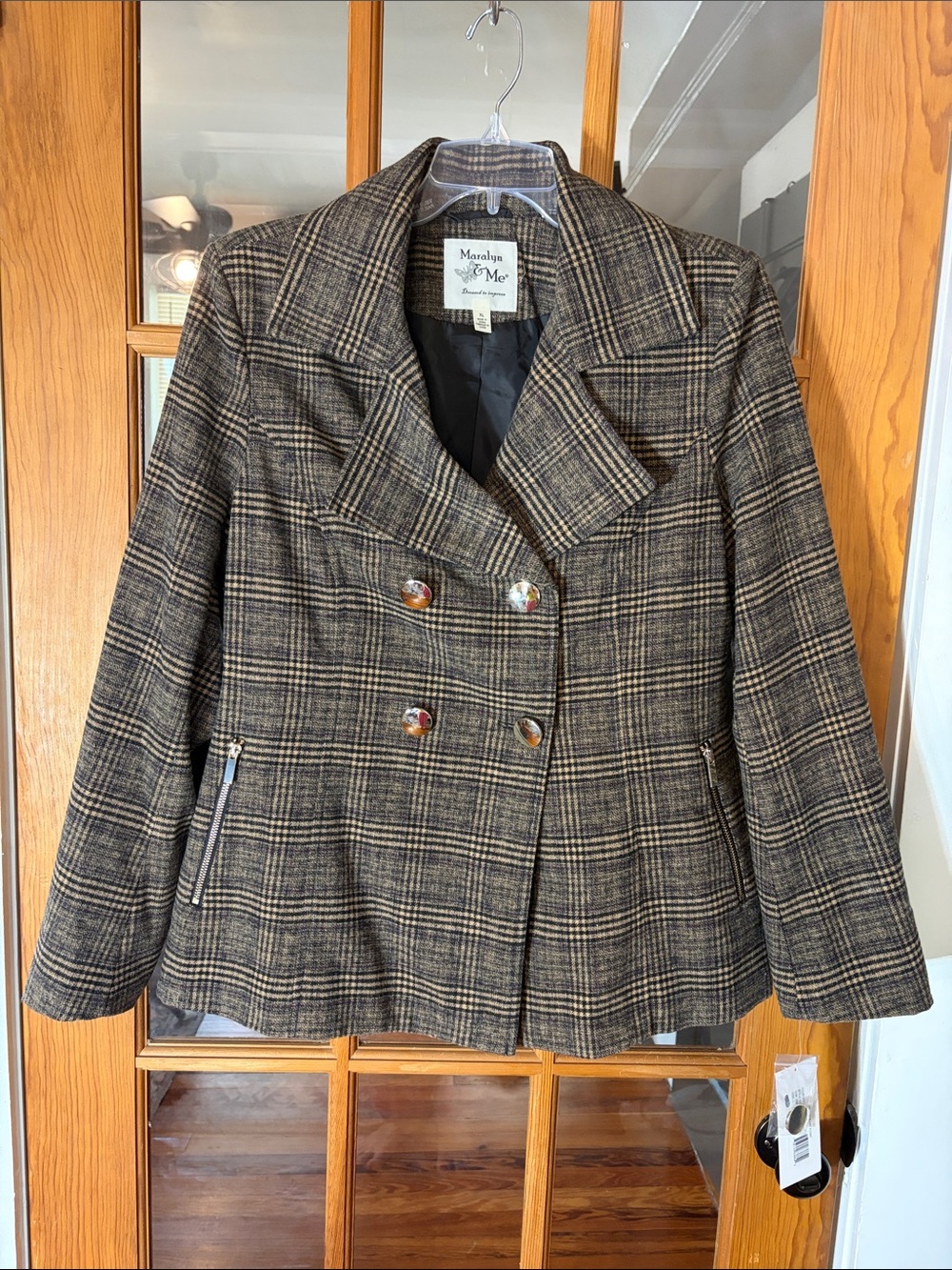 Maralyn & Me Brown Plaid Double-Breasted Blazer